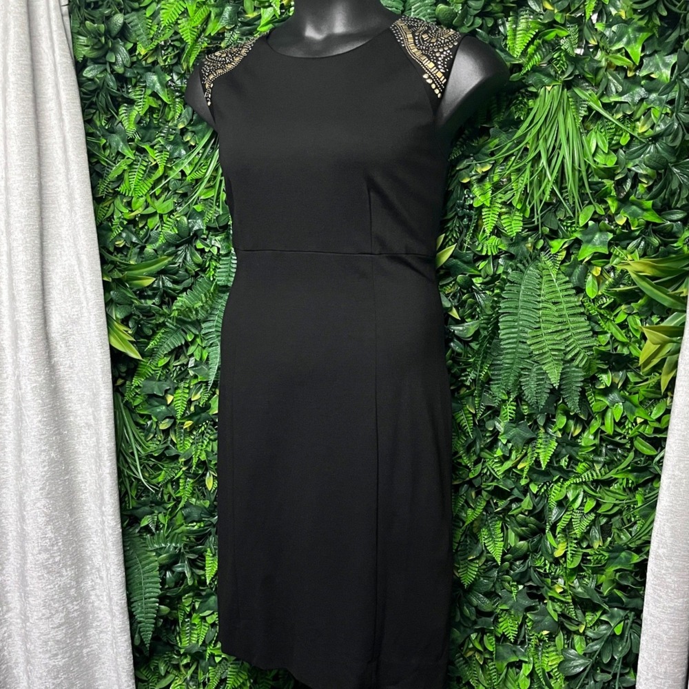 Tahari‎ Arthur S Levine Dress Size 14 Black Beaded Shoulder Sheath Cocktail 4112